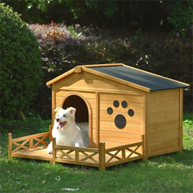 48 Wooden Dog House Outdoor With Porch, Dog Kennel With Water-Resistant Asphalt Roof And Fencing,Indoor & Outdoor Dog Crate With Paw Print, Medium, Na