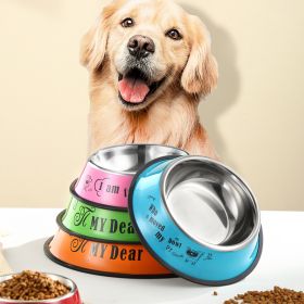 Stainless steel dog bowl; color anti-skid dog bowl; cat bowl (Colour: 22cm, size: Orange cartoon)