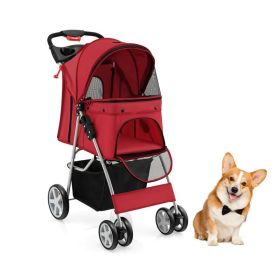 Folding Pet Stroller with Adjustable Canopy for Outdoor (Type: pets supplies, Color: Red)